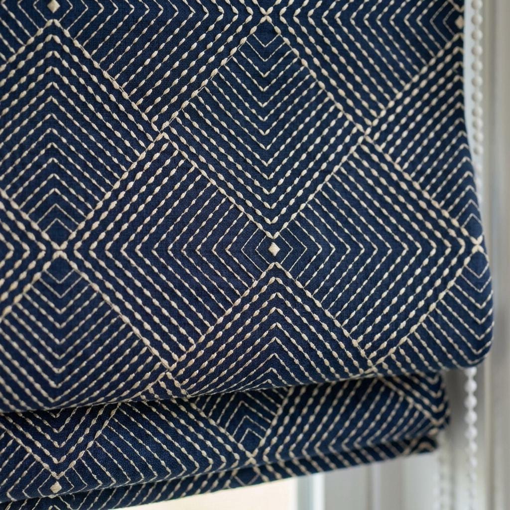 Navy Gold Pure Linen Roman Shade, Ivory Gold Geometric Diamond Embroidered Custom Blind, Blackout or Light Filtering — image 5