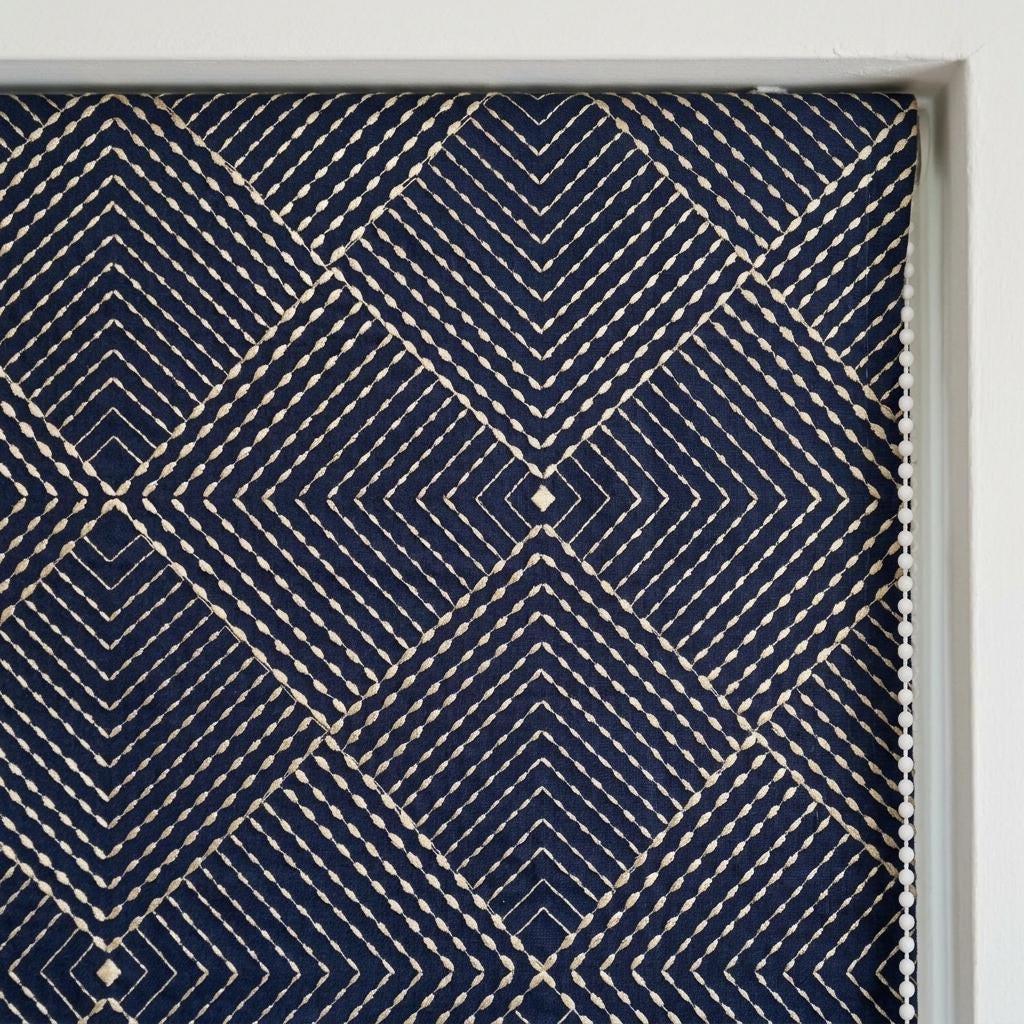 Navy Gold Pure Linen Roman Shade, Ivory Gold Geometric Diamond Embroidered Custom Blind, Blackout or Light Filtering — image 9