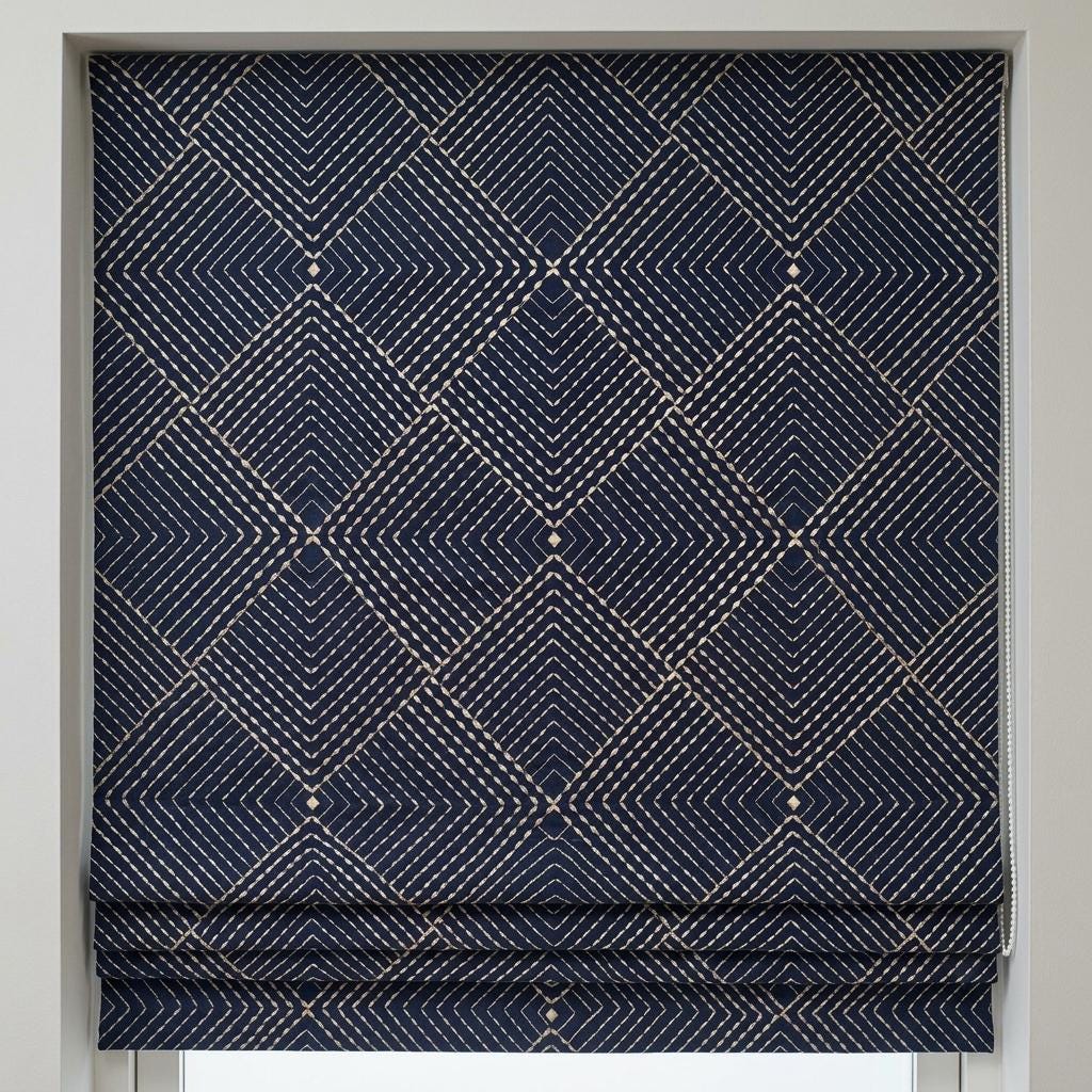 Navy Gold Pure Linen Roman Shade, Ivory Gold Geometric Diamond Embroidered Custom Blind, Blackout or Light Filtering — image 10