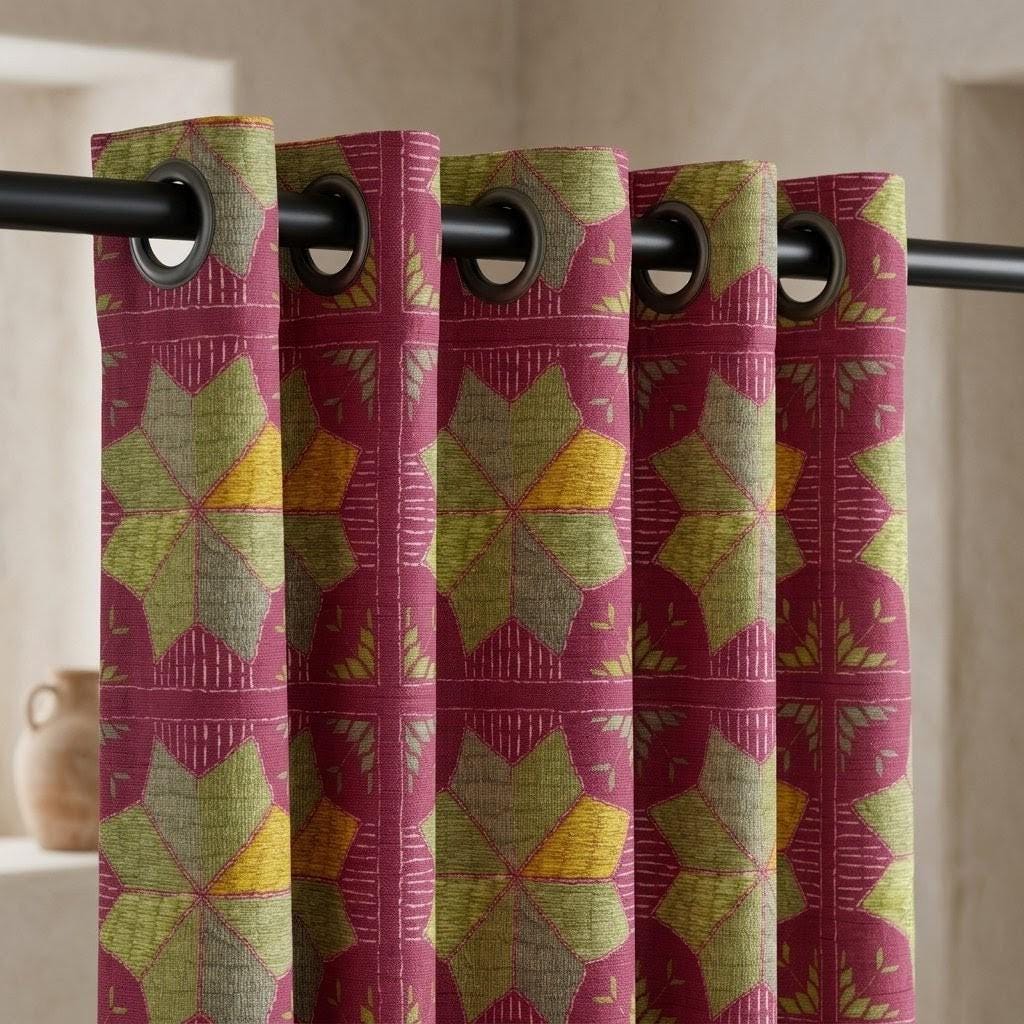 Burgundy Geometric Linen Cotton Curtains, Olive Mustard Mid Century Boho Drapes, Custom Blackout Window Panels — image 3