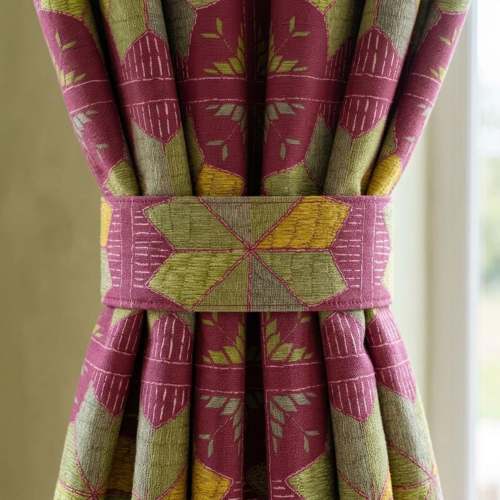 Burgundy Geometric Linen Cotton Curtains, Olive Mustard Mid Century Boho Drapes, Custom Blackout Window Panels — image 2