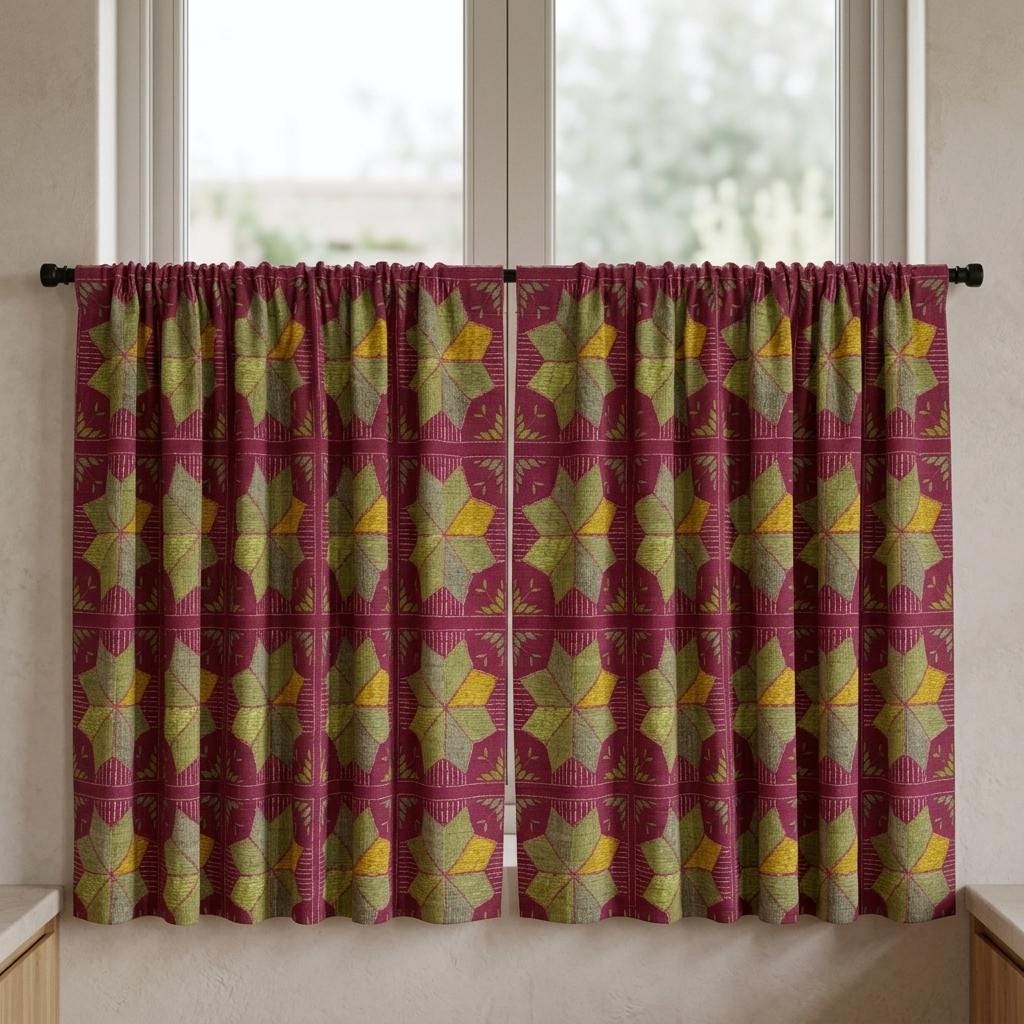 Burgundy Geometric Linen Cotton Curtains, Olive Mustard Mid Century Boho Drapes, Custom Blackout Window Panels — image 5
