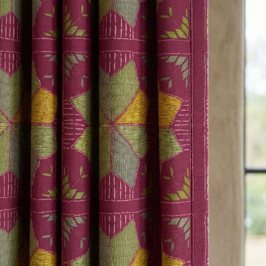 Burgundy Geometric Linen Cotton Curtains, Olive Mustard Mid Century Boho Drapes, Custom Blackout Window Panels — image 6