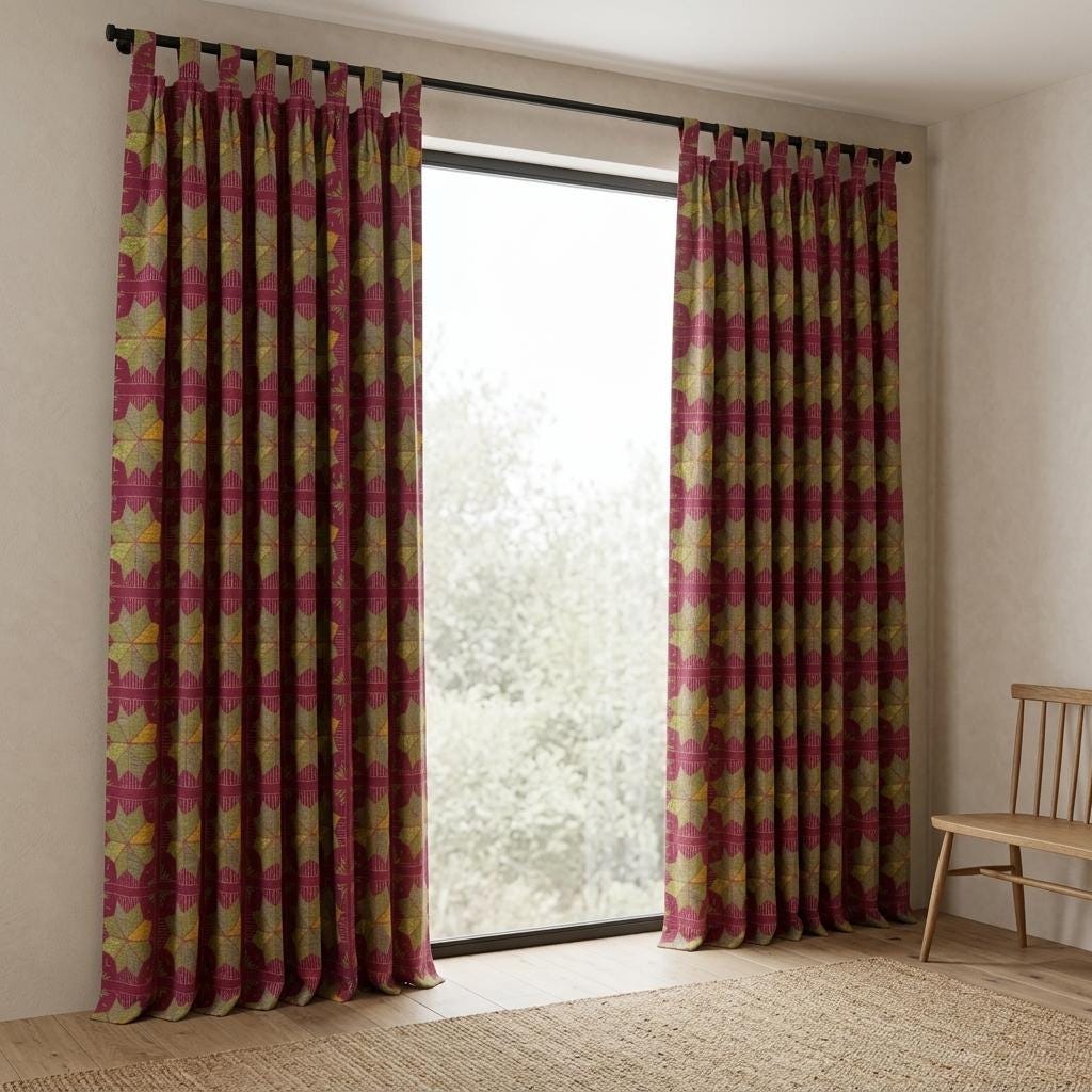 Burgundy Geometric Linen Cotton Curtains, Olive Mustard Mid Century Boho Drapes, Custom Blackout Window Panels — image 9