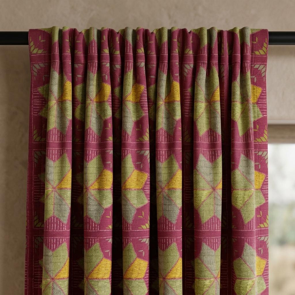 Burgundy Geometric Linen Cotton Curtains, Olive Mustard Mid Century Boho Drapes, Custom Blackout Window Panels — image 10