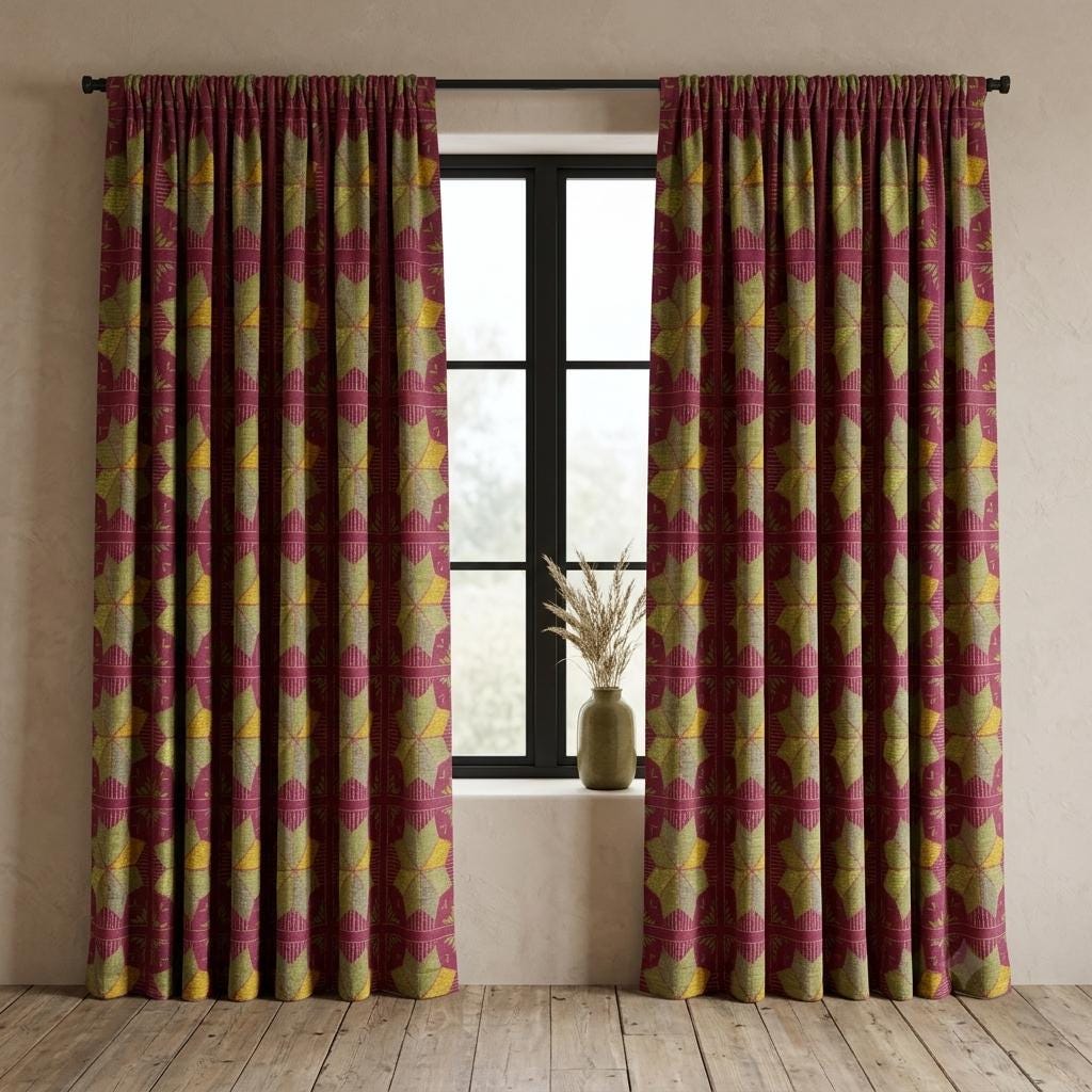 Burgundy Geometric Linen Cotton Curtains, Olive Mustard Mid Century Boho Drapes, Custom Blackout Window Panels — image 4
