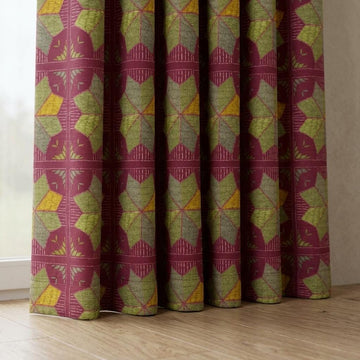 Burgundy Geometric Linen Cotton Curtains, Olive Mustard Mid Century Boho Drapes, Custom Blackout Window Panels — image 1