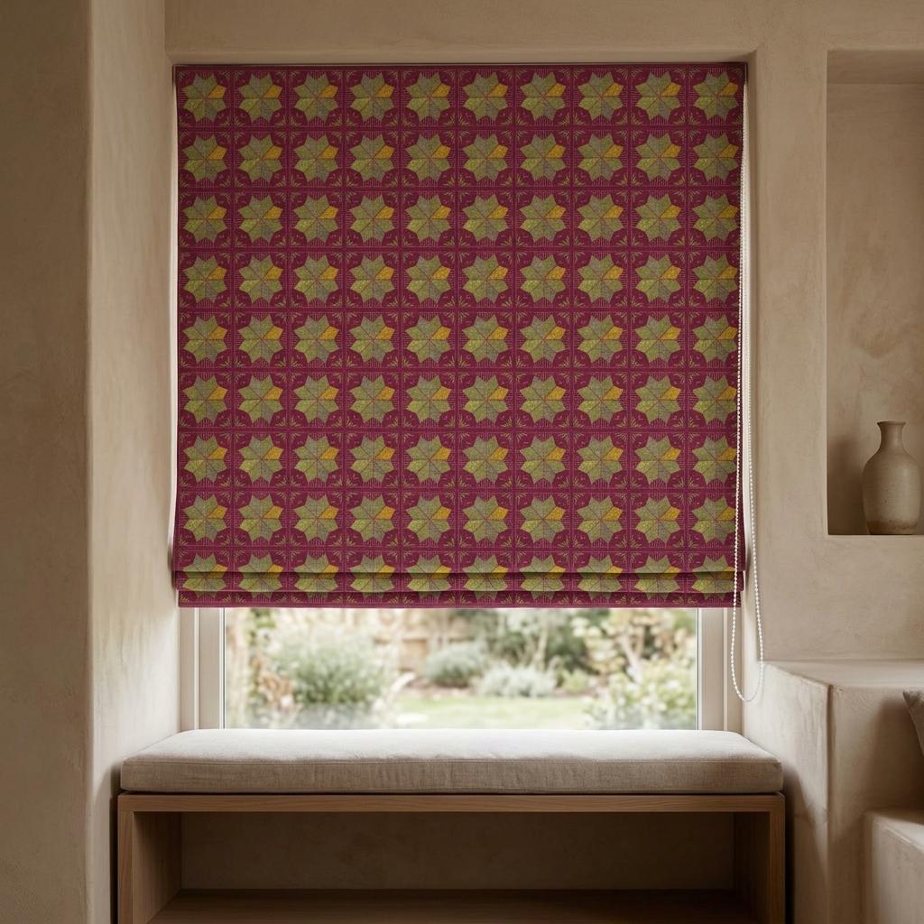 Custom Roman Shade, Raspberry Red Cotton Linen Blind, Olive Green Geometric Boho Window Treatment, Blackout or Light Filtering — image 7