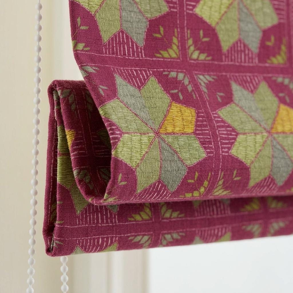 Custom Roman Shade, Raspberry Red Cotton Linen Blind, Olive Green Geometric Boho Window Treatment, Blackout or Light Filtering — image 5