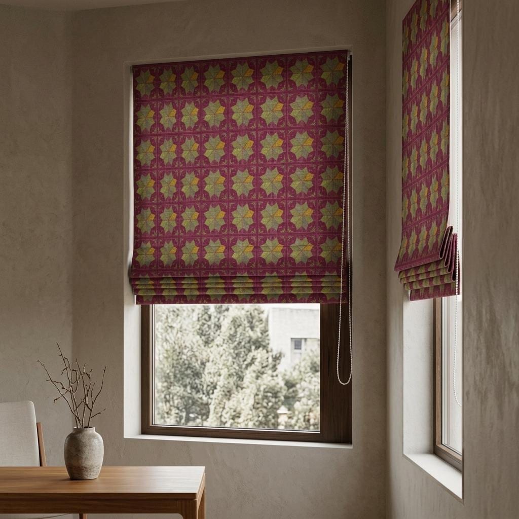 Custom Roman Shade, Raspberry Red Cotton Linen Blind, Olive Green Geometric Boho Window Treatment, Blackout or Light Filtering — image 3