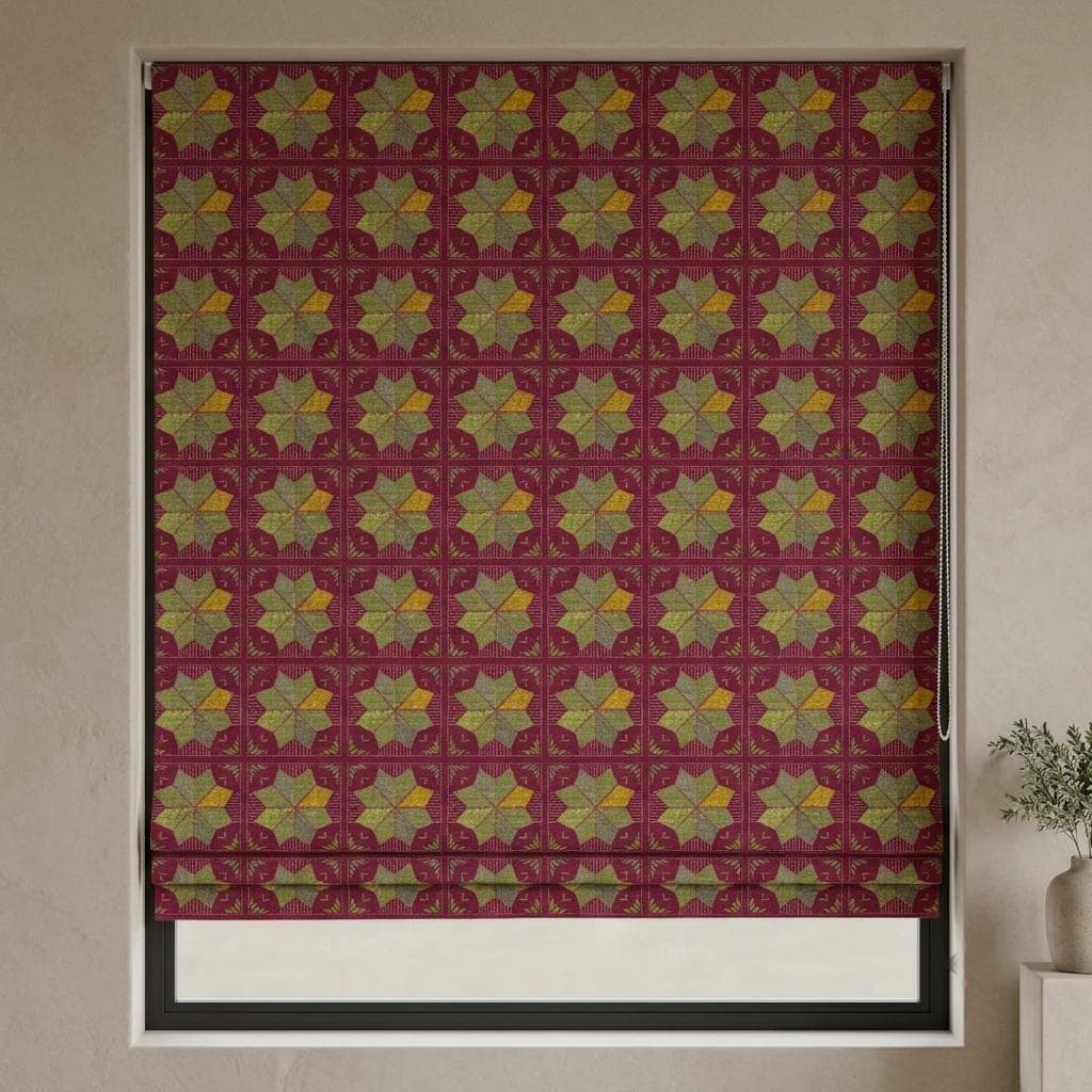 Custom Roman Shade, Raspberry Red Cotton Linen Blind, Olive Green Geometric Boho Window Treatment, Blackout or Light Filtering — image 1