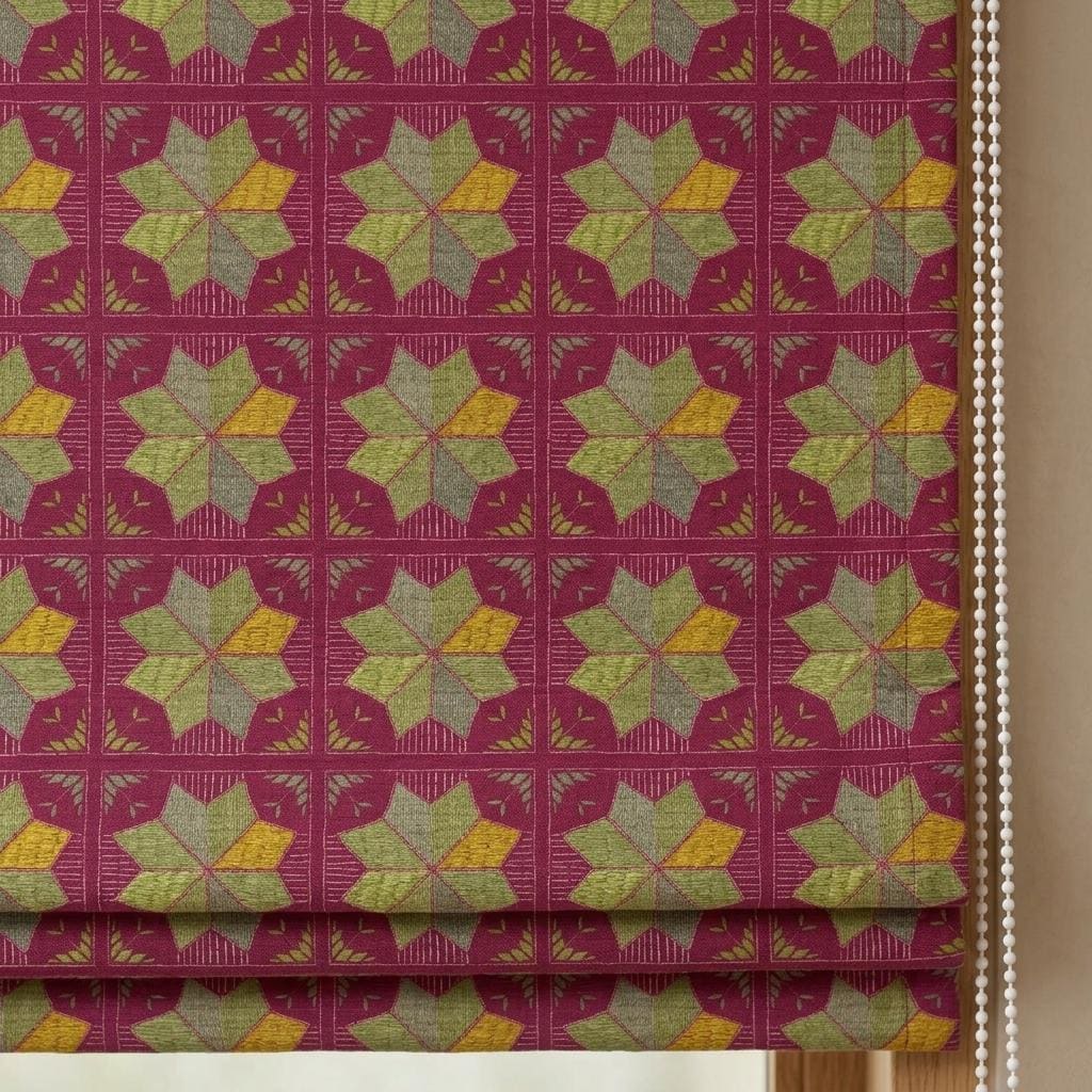 Custom Roman Shade, Raspberry Red Cotton Linen Blind, Olive Green Geometric Boho Window Treatment, Blackout or Light Filtering — image 8
