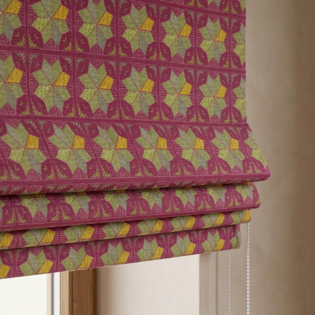 Custom Roman Shade, Raspberry Red Cotton Linen Blind, Olive Green Geometric Boho Window Treatment, Blackout or Light Filtering — image 4