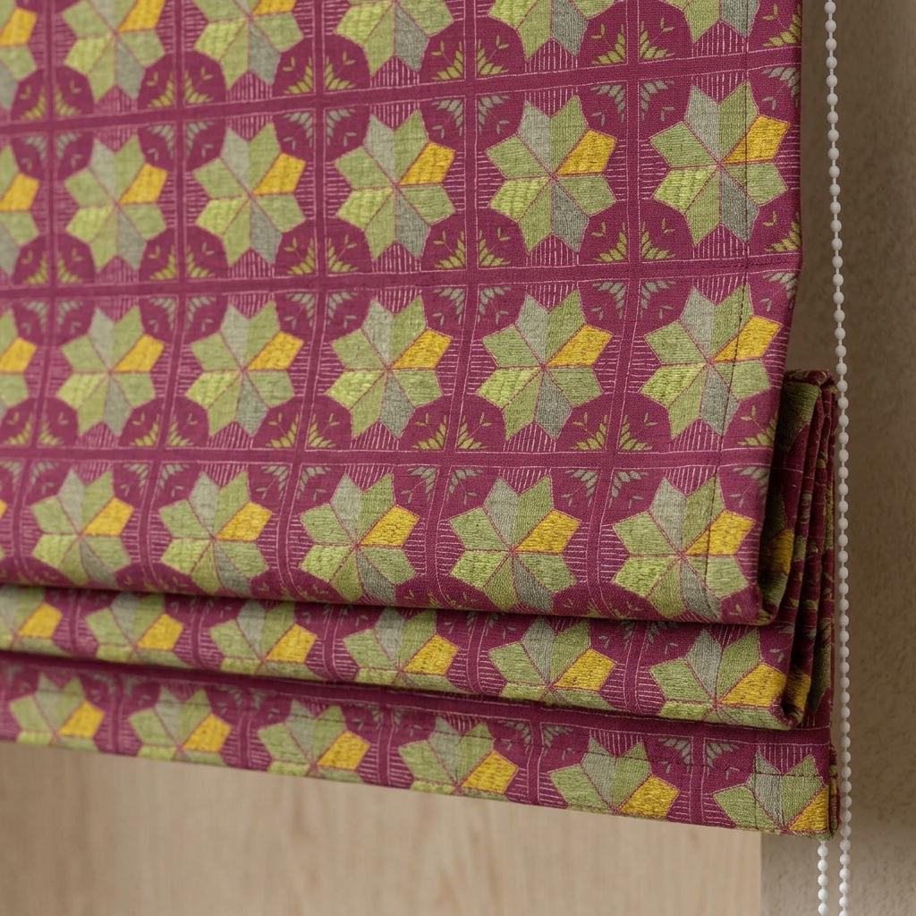 Custom Roman Shade, Raspberry Red Cotton Linen Blind, Olive Green Geometric Boho Window Treatment, Blackout or Light Filtering — image 1