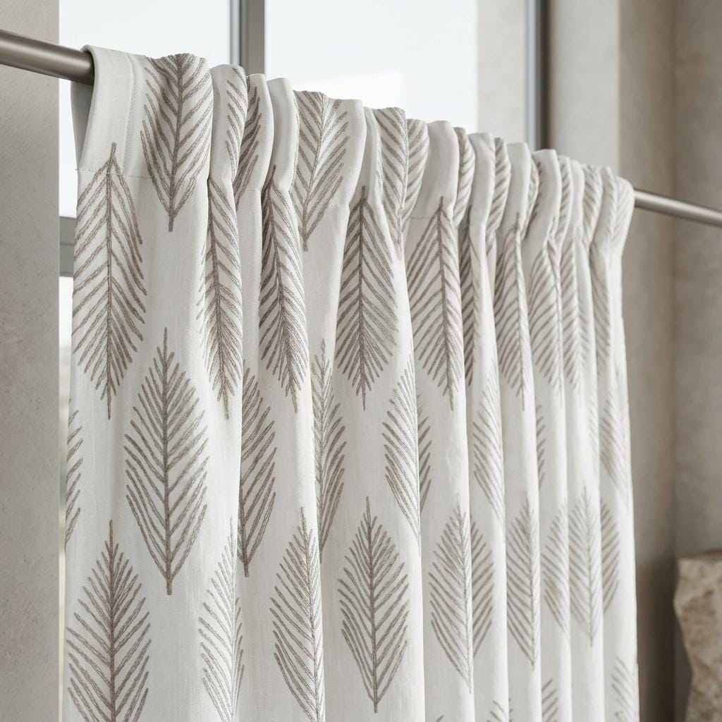 White Linen Curtains with Taupe Gray Palm Leaf Embroidery, Custom Botanical Drapes, Blackout or Light Filtering — image 3