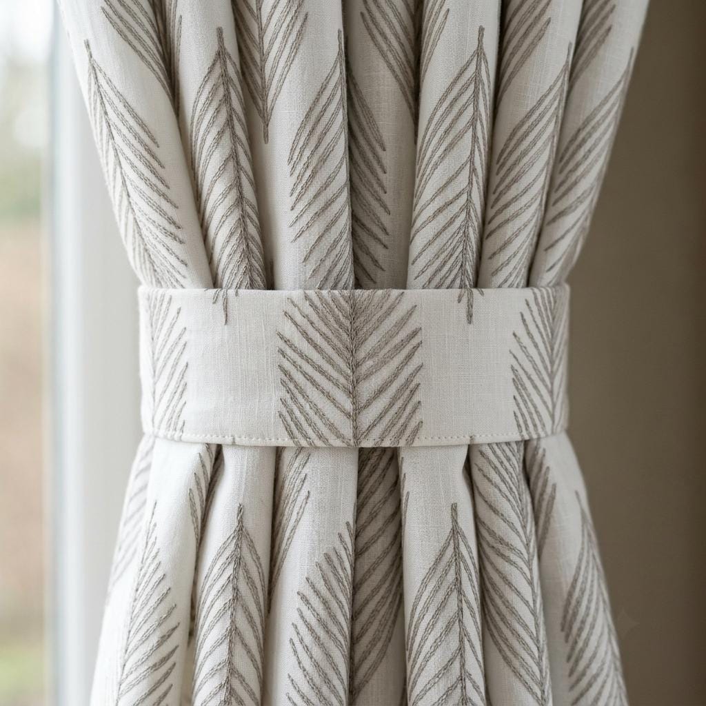 White Linen Curtains with Taupe Gray Palm Leaf Embroidery, Custom Botanical Drapes, Blackout or Light Filtering — image 2