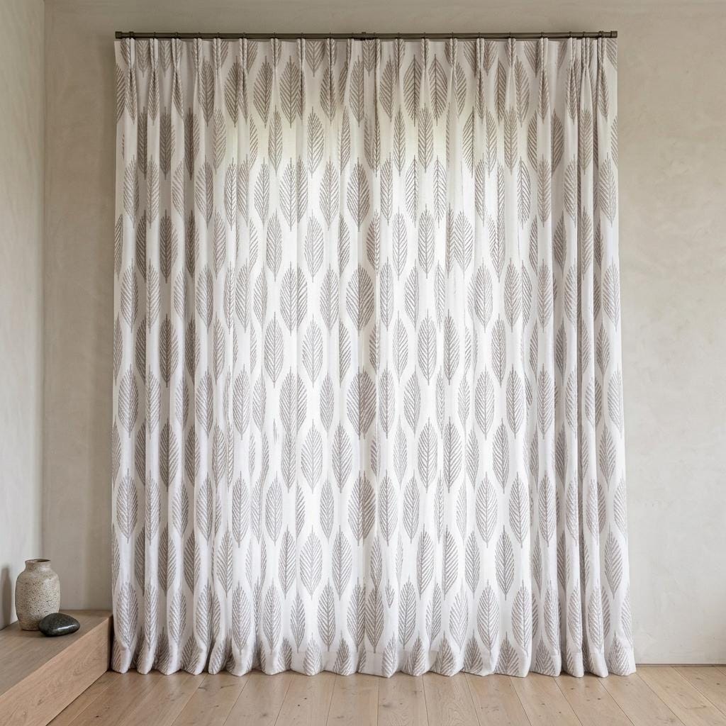 White Linen Curtains with Taupe Gray Palm Leaf Embroidery, Custom Botanical Drapes, Blackout or Light Filtering — image 9
