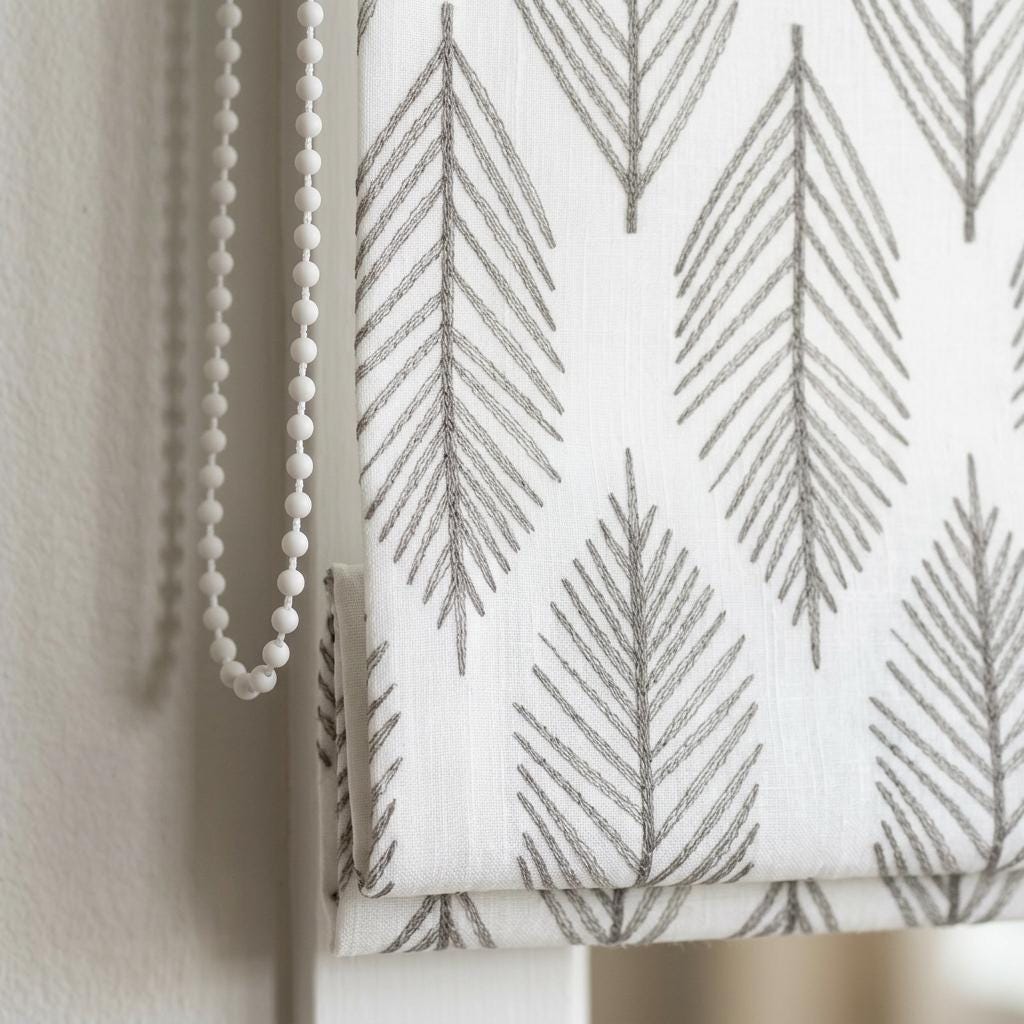 Taupe Fern Embroidered Pure Linen Roman Shade: Ivory Custom Botanical Window Blind, Blackout or Light-Filtering — image 2
