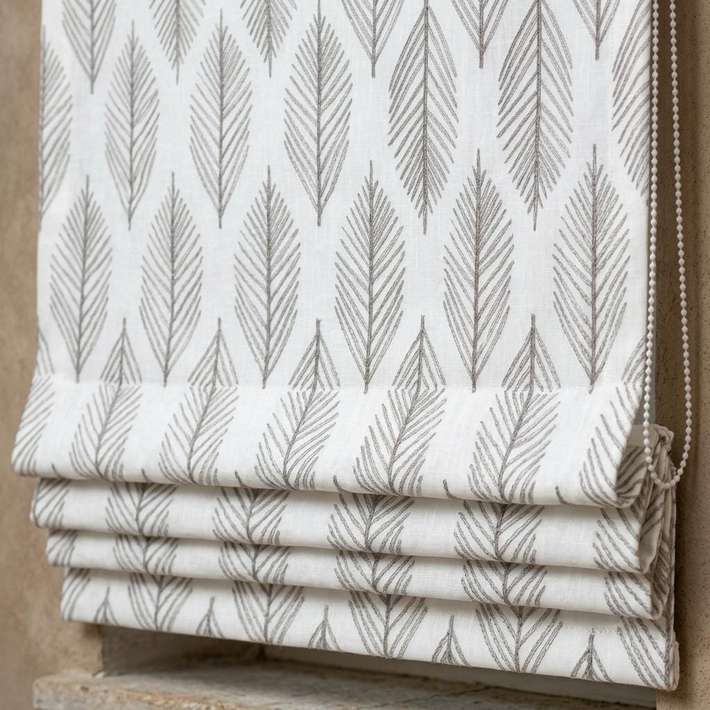 Taupe Fern Embroidered Pure Linen Roman Shade: Ivory Custom Botanical Window Blind, Blackout or Light-Filtering — image 1