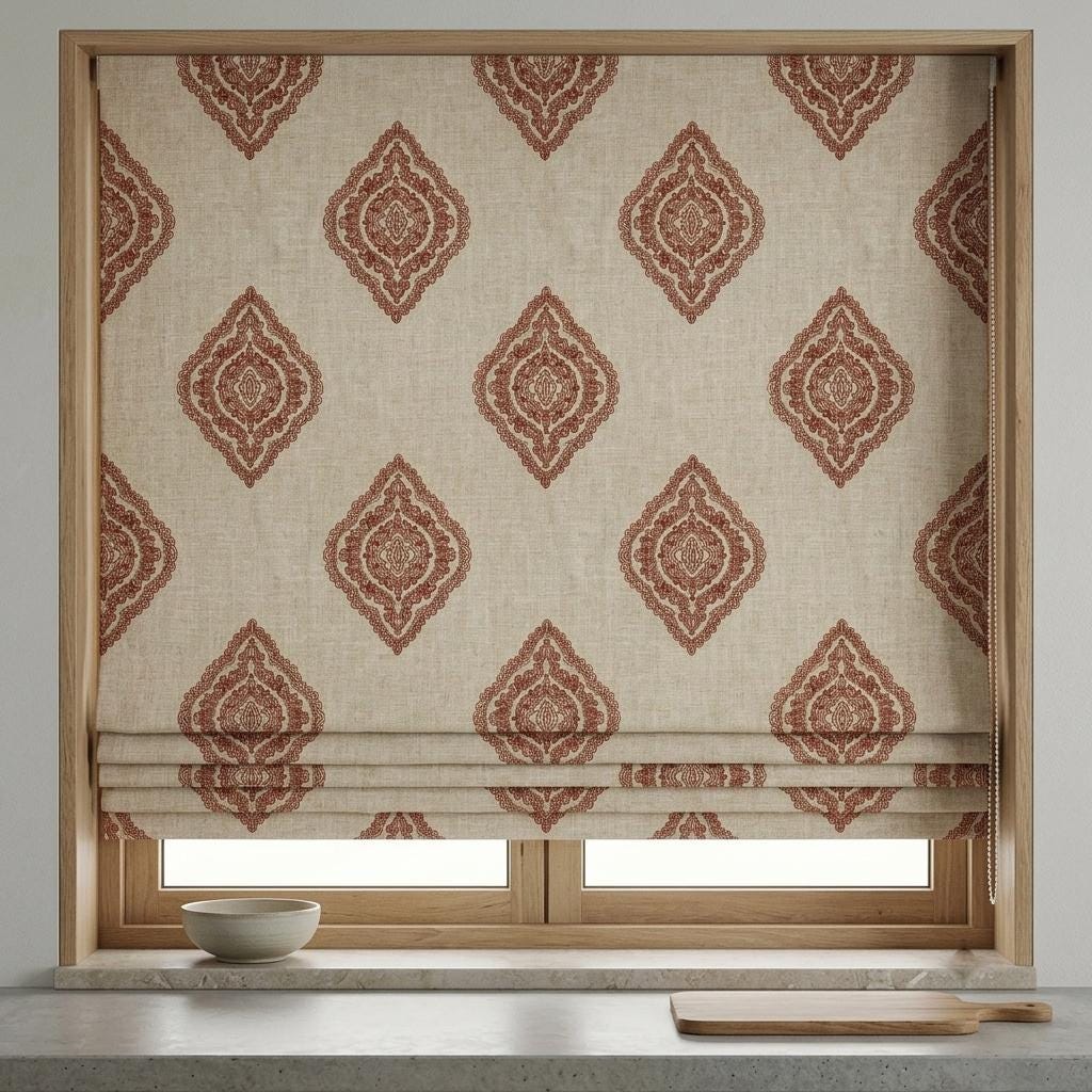 Rust Terracotta Linen Roman Shade, Natural Beige Embroidered Damask Blind, Custom Blackout or Light Filtering — image 1