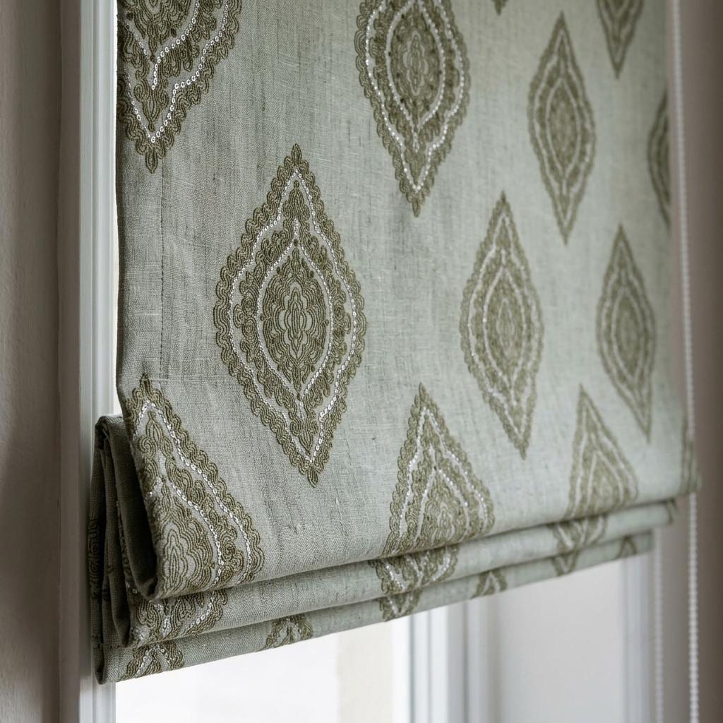 Sage Green Linen Roman Shade, Olive Damask Embroidered Custom Blind, Blackout or Light Filtering Shade — image 2