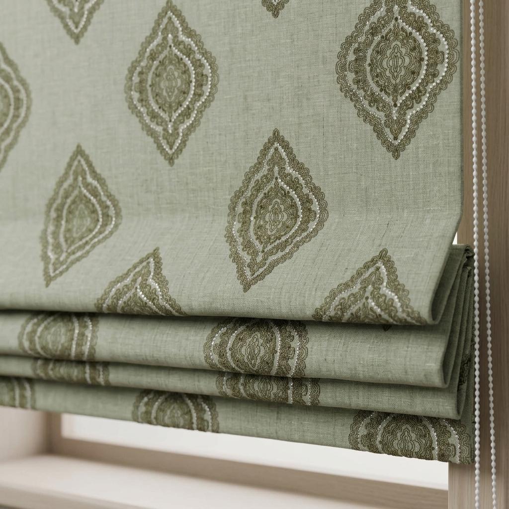 Sage Green Linen Roman Shade, Olive Damask Embroidered Custom Blind, Blackout or Light Filtering Shade — image 5