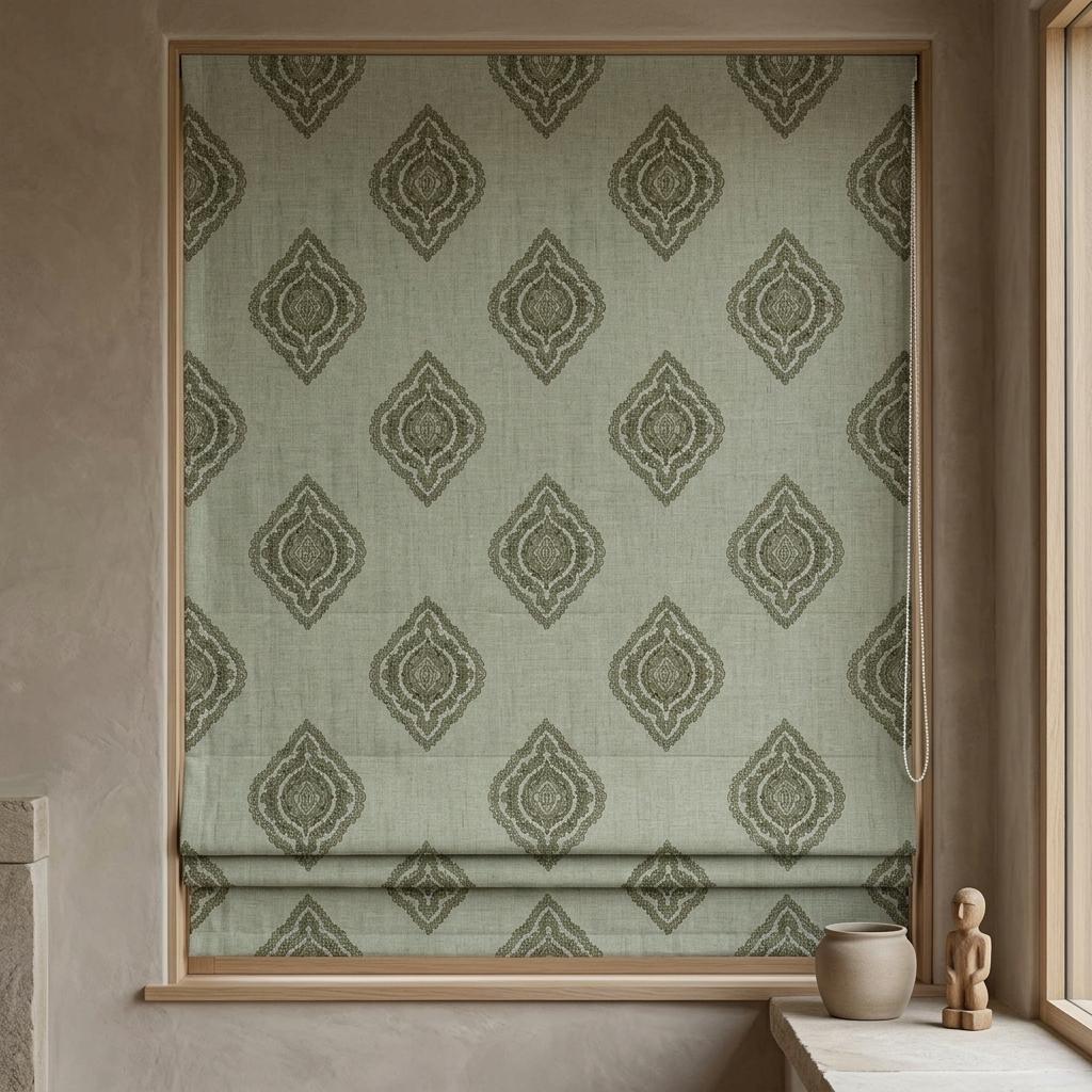 Sage Green Linen Roman Shade, Olive Damask Embroidered Custom Blind, Blackout or Light Filtering Shade — image 3