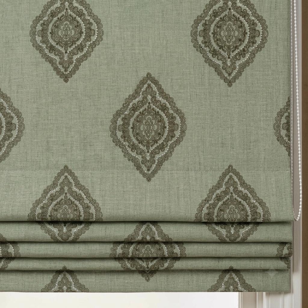 Sage Green Linen Roman Shade, Olive Damask Embroidered Custom Blind, Blackout or Light Filtering Shade — image 1