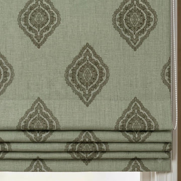 Sage Green Linen Roman Shade, Olive Damask Embroidered Custom Blind, Blackout or Light Filtering Shade — image 1