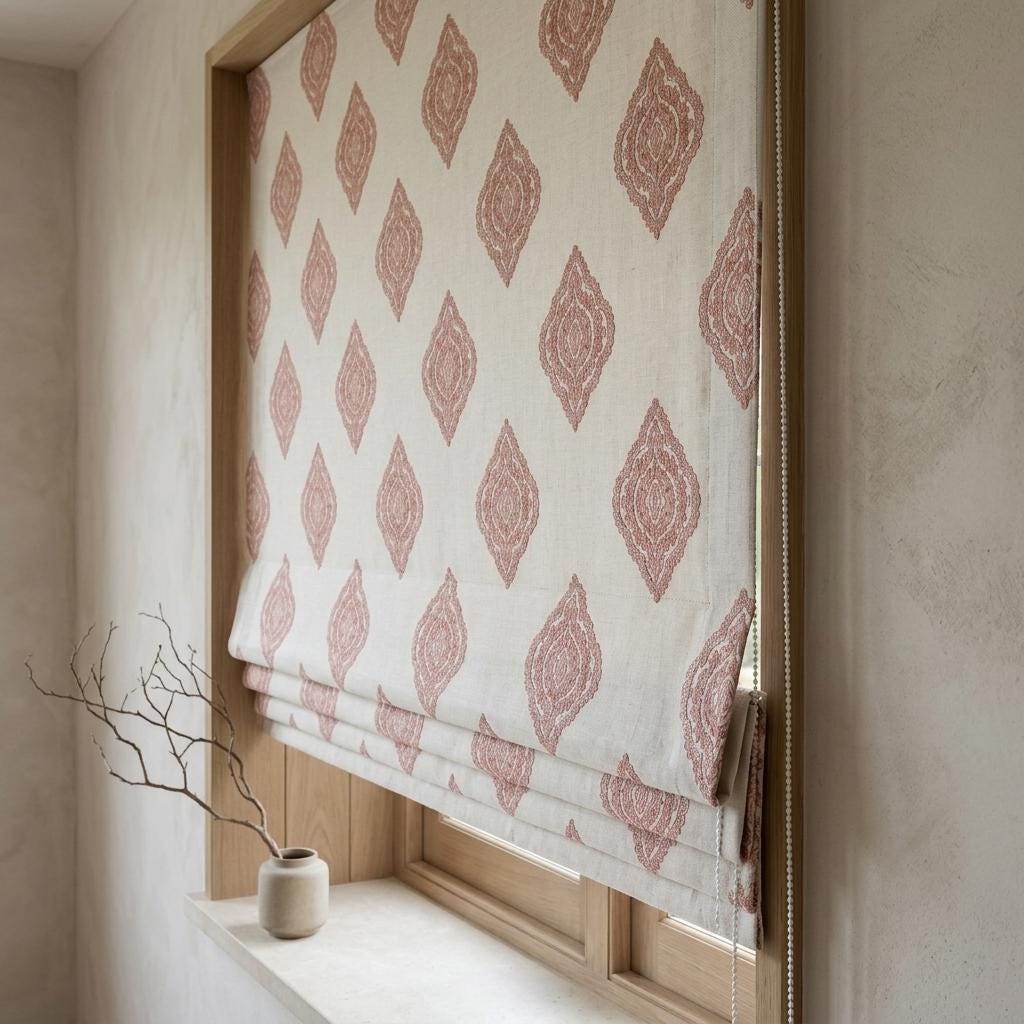 Blush Pink Embroidered Pure Linen Roman Shade, Ivory Damask Custom Window Blind, Blackout or Light Filtering — image 2