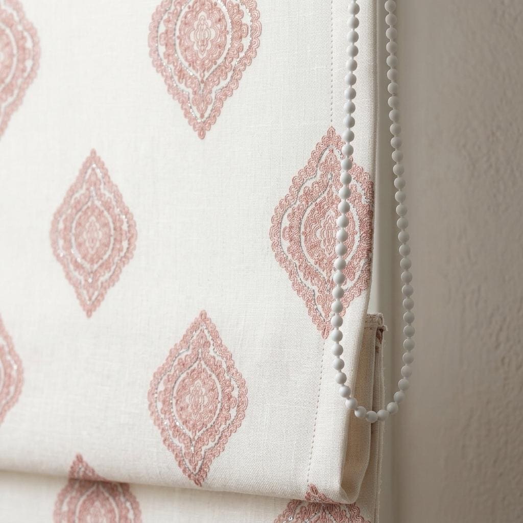 Blush Pink Embroidered Pure Linen Roman Shade, Ivory Damask Custom Window Blind, Blackout or Light Filtering — image 4