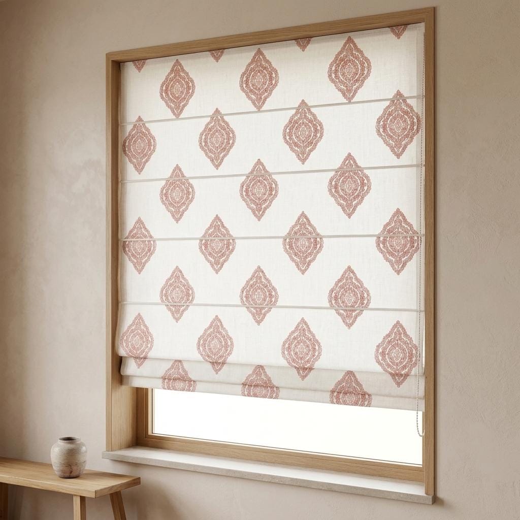Blush Pink Embroidered Pure Linen Roman Shade, Ivory Damask Custom Window Blind, Blackout or Light Filtering — image 7