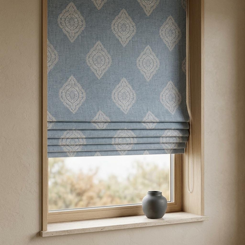 Powder Blue Custom Roman Shade, Ivory Damask Embroidered Linen Blind, Blackout or Light Filtering Window Shade — image 3