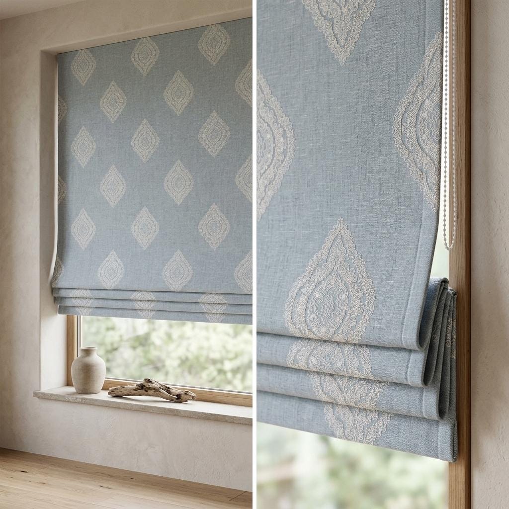 Powder Blue Custom Roman Shade, Ivory Damask Embroidered Linen Blind, Blackout or Light Filtering Window Shade — image 4