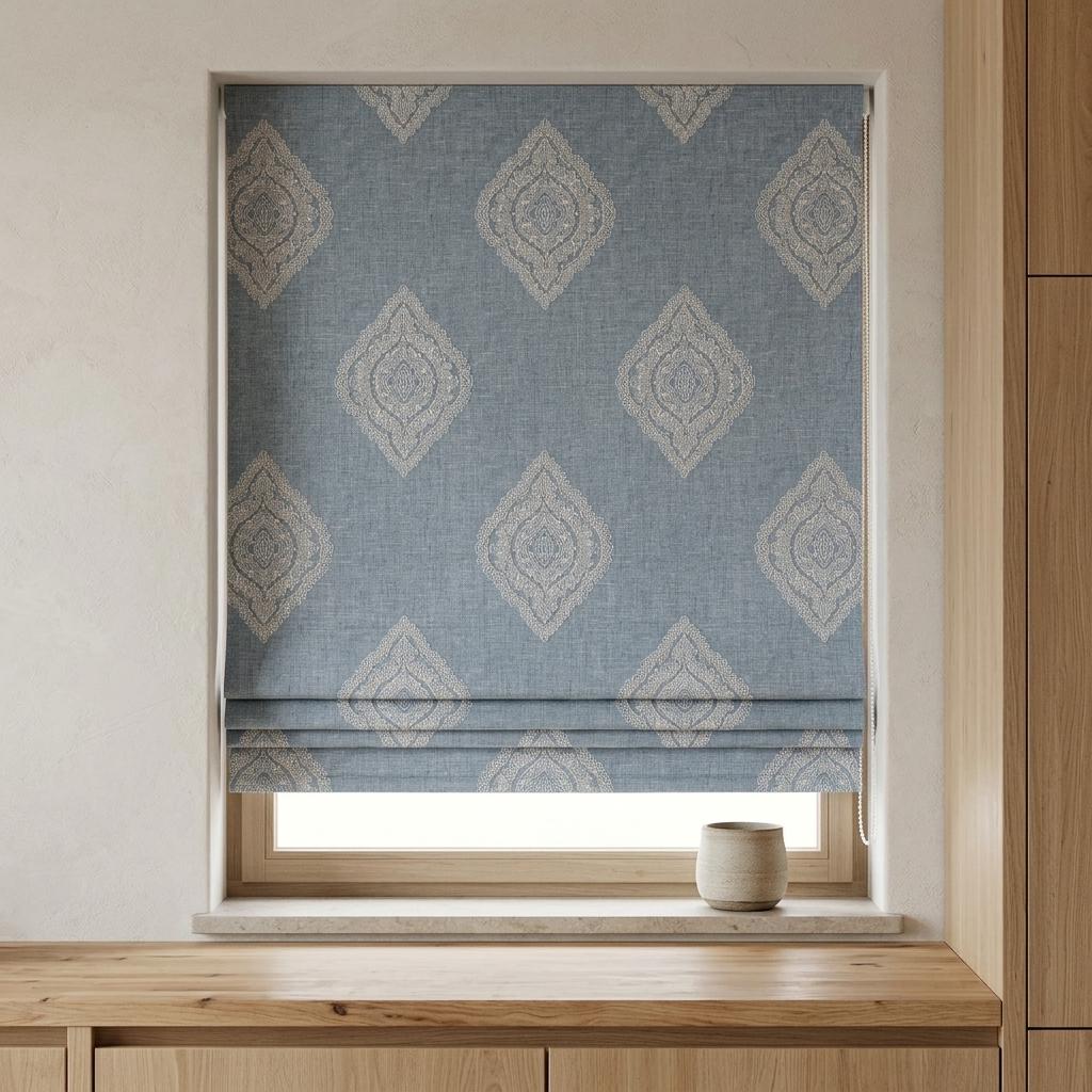 Powder Blue Custom Roman Shade, Ivory Damask Embroidered Linen Blind, Blackout or Light Filtering Window Shade — image 5