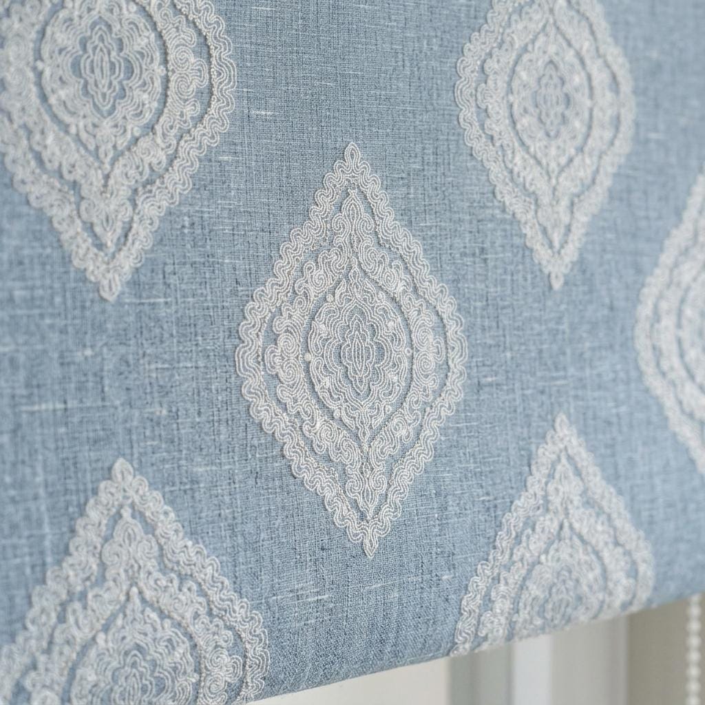 Powder Blue Custom Roman Shade, Ivory Damask Embroidered Linen Blind, Blackout or Light Filtering Window Shade — image 2