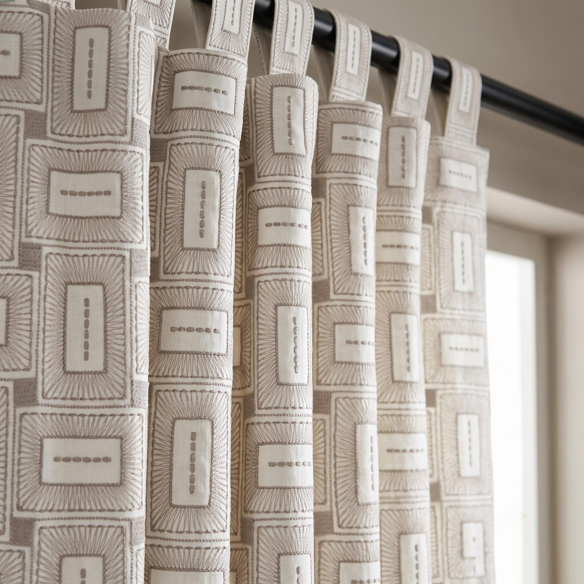 Ivory Taupe Pure Linen Curtains, Geometric Frame Embroidered Drapes, Custom Blackout or Light Filtering Panels — image 5