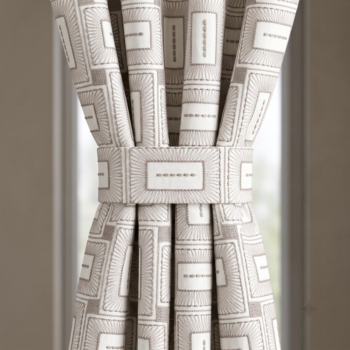 Ivory Taupe Pure Linen Curtains, Geometric Frame Embroidered Drapes, Custom Blackout or Light Filtering Panels — image 2
