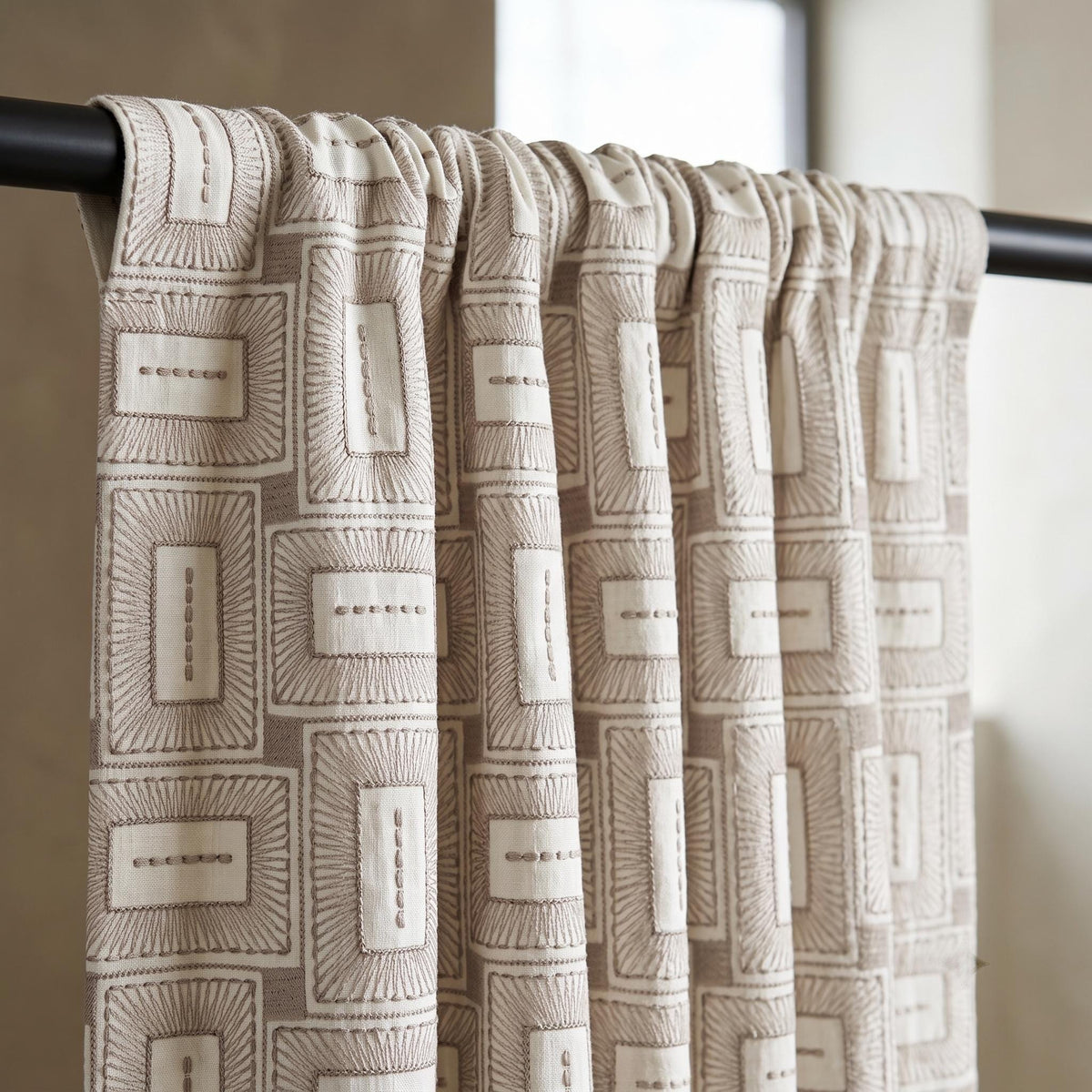 Ivory Taupe Pure Linen Curtains, Geometric Frame Embroidered Drapes, Custom Blackout or Light Filtering Panels — image 4