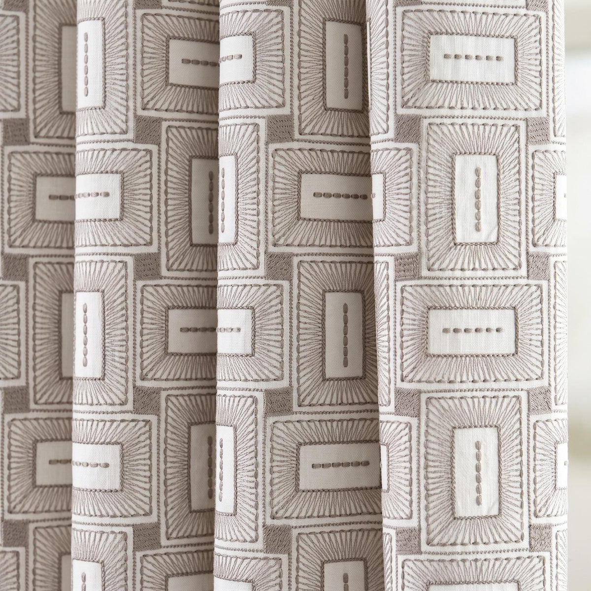 Ivory Taupe Pure Linen Curtains, Geometric Frame Embroidered Drapes, Custom Blackout or Light Filtering Panels — image 8