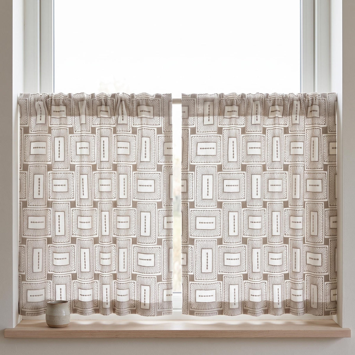 Ivory Taupe Pure Linen Curtains, Geometric Frame Embroidered Drapes, Custom Blackout or Light Filtering Panels — image 9