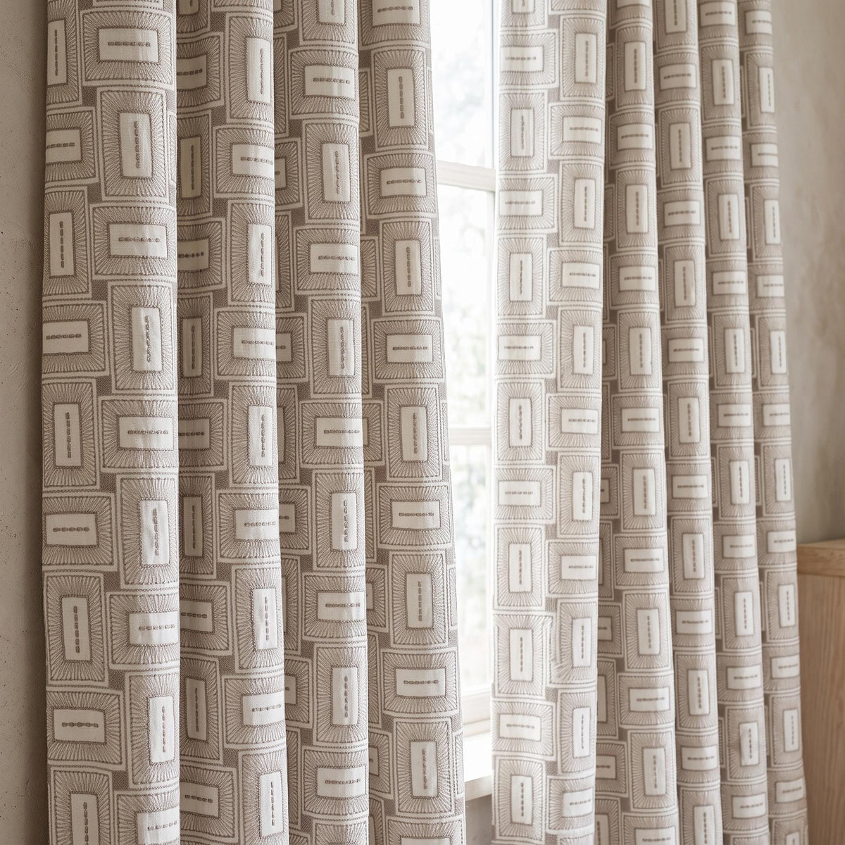 Ivory Taupe Pure Linen Curtains, Geometric Frame Embroidered Drapes, Custom Blackout or Light Filtering Panels — image 7