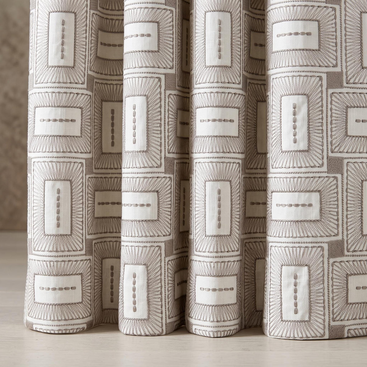 Ivory Taupe Pure Linen Curtains, Geometric Frame Embroidered Drapes, Custom Blackout or Light Filtering Panels — image 6