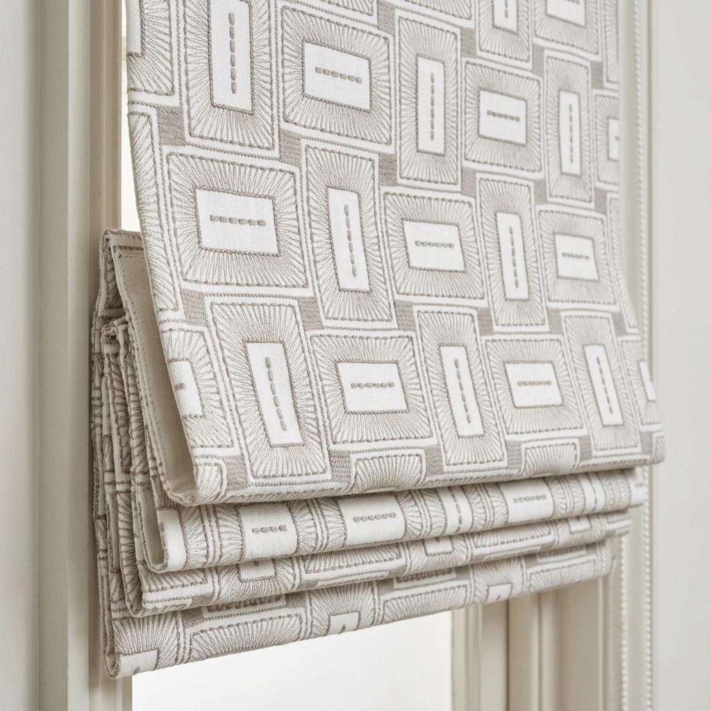 Ivory Taupe Pure Linen Roman Shade, Geometric Rectangle Embroidered Custom Blind, Blackout or Light Filtering — image 5