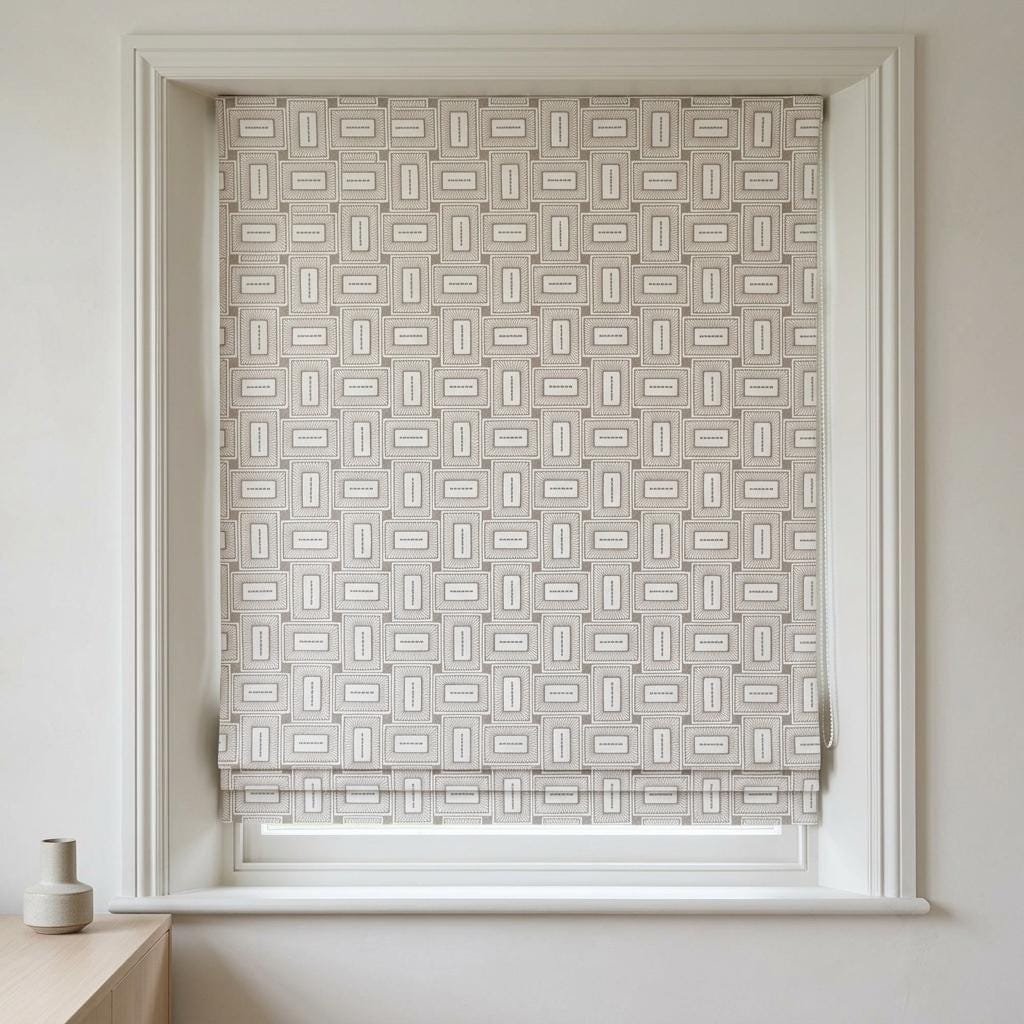 Ivory Taupe Pure Linen Roman Shade, Geometric Rectangle Embroidered Custom Blind, Blackout or Light Filtering — image 6