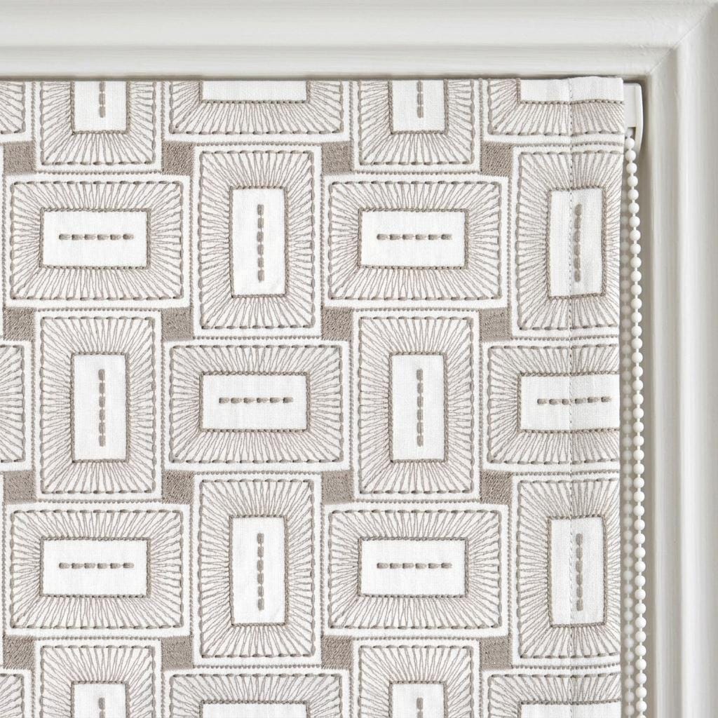 Ivory Taupe Pure Linen Roman Shade, Geometric Rectangle Embroidered Custom Blind, Blackout or Light Filtering — image 3