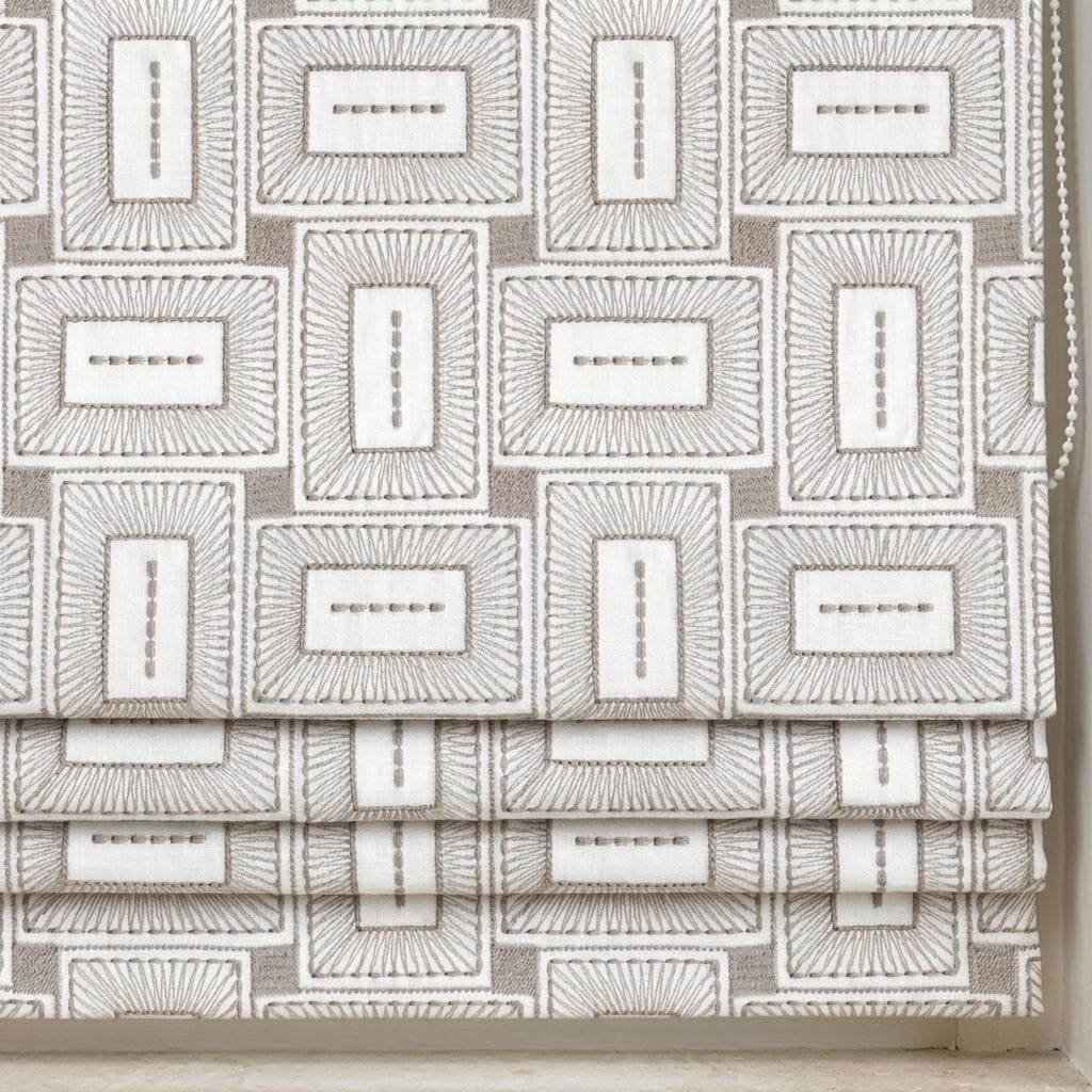 Ivory Taupe Pure Linen Roman Shade, Geometric Rectangle Embroidered Custom Blind, Blackout or Light Filtering — image 1