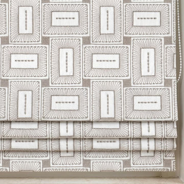Ivory Taupe Pure Linen Roman Shade, Geometric Rectangle Embroidered Custom Blind, Blackout or Light Filtering — image 1