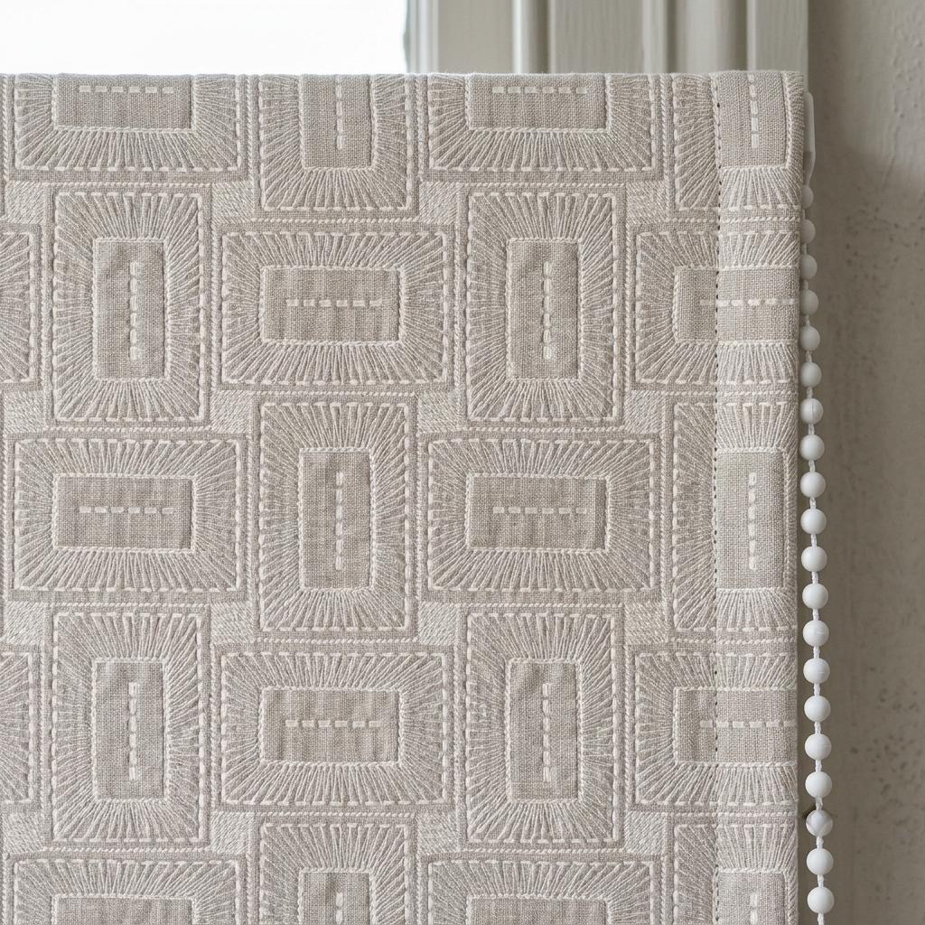 Beige Kora Pure Linen Roman Shade, Ivory Geometric Rectangle Embroidered Custom Blind, Blackout or Light Filtering — image 1