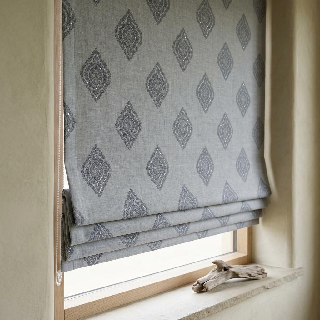 Slate Gray Linen Roman Shade, Charcoal Navy Damask & Silver Embroidered Custom Blind, Blackout or Light Filtering — image 7